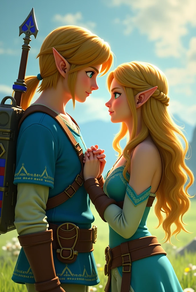 Link a man with no beard, a low ponytail, blue eyes, holding the hand of Zelda princess, green eyes, blond hair from the video game Breath of the Wild
