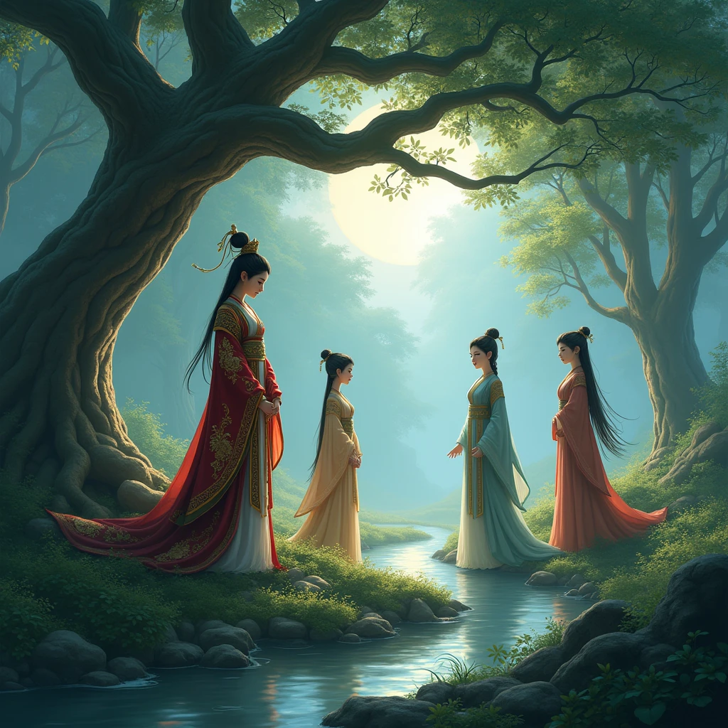 A beautiful young woman with a fierce, naked body of a full-fledged court official from the Han Fu Dynasty stood talking to the three princesses, looking around beside a large tree in the forest, and playing in the stream in the middle of the forest. The atmosphere was quiet with the moonlight providing light.