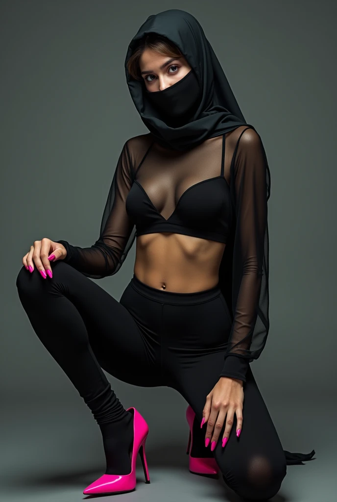(lifelike, high - resolution:1.3),full body , 1 girl with a perfect body, Super fine face and eyes,slong hair, diamond midriff of black colors:1.2, black shiny leggings,face veil, big boob,Expose cleavage, ninja pose, satin gloves.