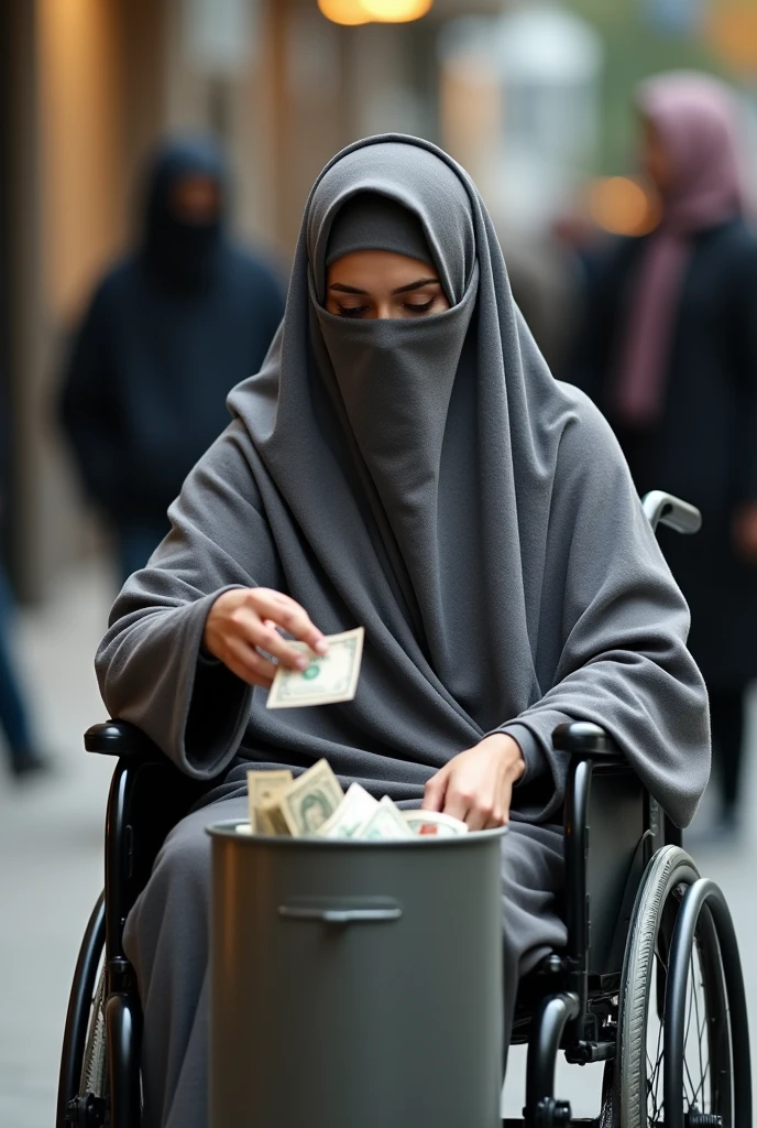 A woman sitting in a wheelchair and donating some money and wearing a burkha