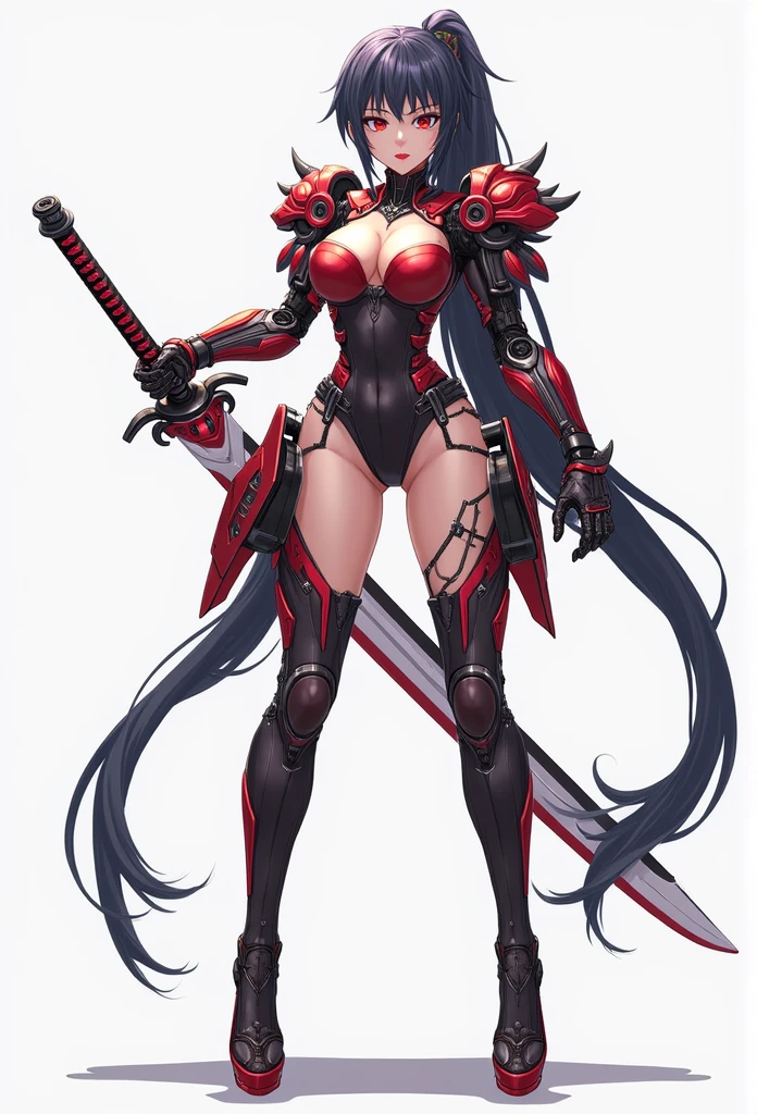 software:2,0, 16K, High resolution, Highest quality, Simple Background, Full Body Shot,Japanese sword , Official Art,mecha musume:1.3, Chest close-up, Exoskeleton:1.7, Mechanized Body Suit:1.6 , Mature Idol Older Sister, Are standing, Slingshot Leotard, mechanized armor:1.4, Knee socks ,High heels:1.