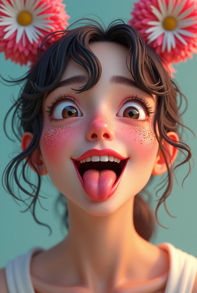 Woman sticking out her tongue and having on her face