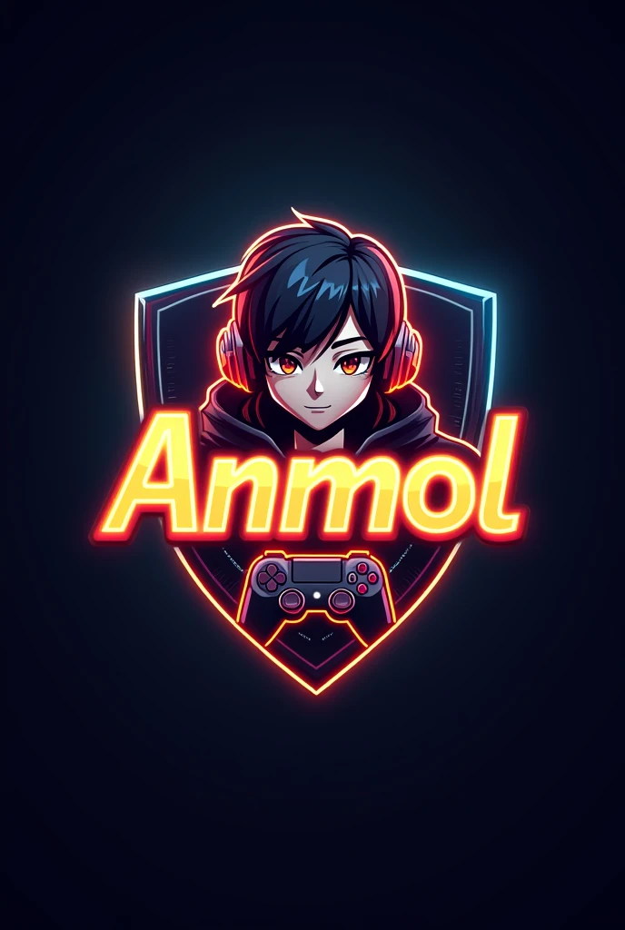This is a gaming logo that features the name "Anmol" in a futuristic font and a neon Golden color. and Boy Anime avtar, The logo also has a stylized controller icon. The logo is designed to be attractive and eye-catching, and to appeal to gaming enthusiasts and