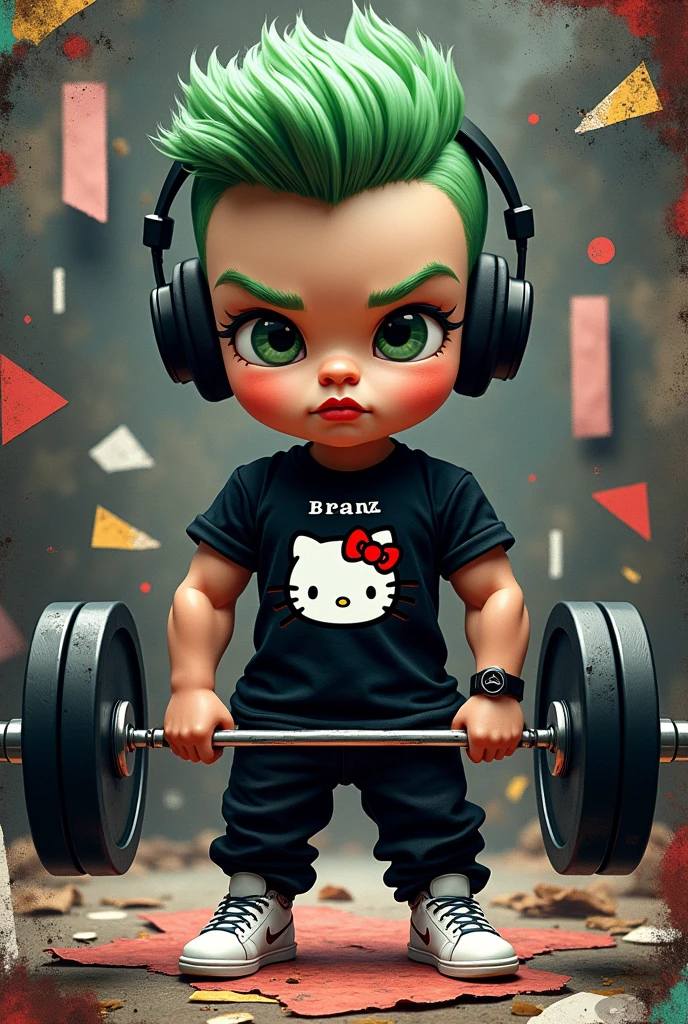 Realistic 4d caricature with a big head, lifting a barbell of a trendy anthropomorphic man in black street clothes, black "hello kitty", "bENZ", reflective black t-shirt, black pants, white shoes, black headphones and (black! lipgloss!), with green color hair.in layered collage style -ply; dark art, stylish innovative street art, iconic portraits, torn paper, fragmented shapes, hyper-realism with intricate details, complementary colors, soft lighting, ultra-clear textures,uhd,16k