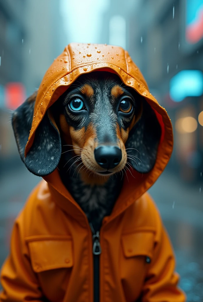 The right eye is blue and has a large pupil.、A dapple-patterned dachshund with a mottled coat、Wearing an orange hooded raincoat。The cat is in a faintly shining futuristic cityscape.、Blurred blue and black lights can be seen in the background。There are raindrops on the hood、The cat is staring at something。The overall feel is cyberpunk.、The cat has a calm and relaxed look