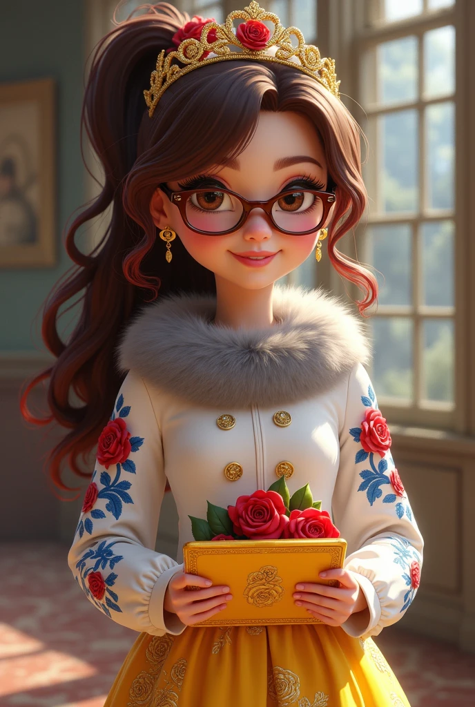 Imagem da filha da Ramona Badwof e da Rosabella Beauty de Ever After High: Long wavy brown ponytail with red streaked bangs, first of all, light brown eyes, brown glasses with a red rose, white blouse with blue, with roses on the blouse and sleeves, yellow skirt with golden roses, a faux fur collar around the neck of gray color, golden flower tiara on head, You have to be holding a yellow tablet with red roses in your hands, You have to have red highlights in your hair