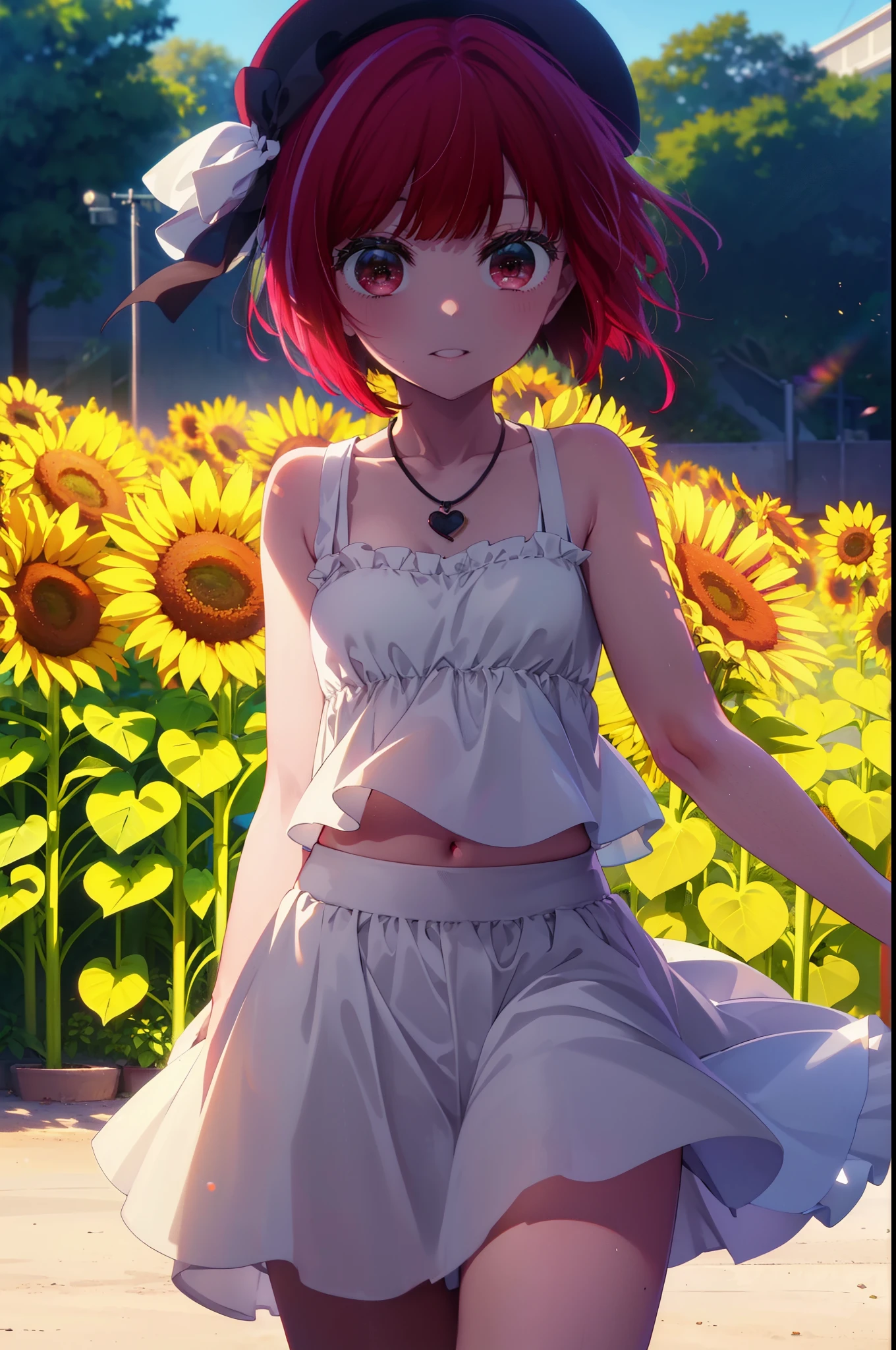 canary, Arima etc., short hair, bangs, (Red eyes:1.3), Redhead, Bobcut, smile,Open your mouth,Tank top,mini skirt,Cute Sandals,Heart Necklace,Are standing,Daytime,Clear skies,True Summer,Beret with ribbon,whole bodyがイラストに入るように,
break outdoors,Sunflower field,
break looking at viewer, whole body, 
break (masterpiece:1.2), Highest quality, High resolution, unity 8k wallpaper, (figure:0.8), (Beautiful attention to detail:1.6), Highly detailed face, Perfect lighting, Highly detailed CG, (Perfect hands, Perfect Anatomy),