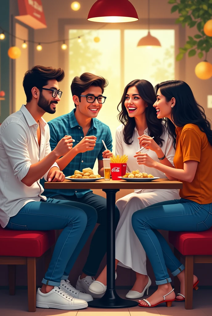 One young man is wearing a white printed shirt, jeans, smart watch and white shoes and another young man is wearing a blue checked shirt, jeans and specs, whereas a young woman is wearing a white Indian suit, black pallu, white shoes and specs and the other young woman is wearing a carrot colour top and jeans, all four people are sitting in a restaurant and eating momos, French fries and Coca Cola.