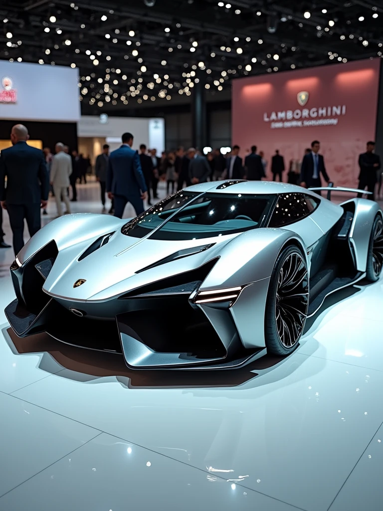 Lamborghini Concept car in auto expo, include hyper realism, hd, 4k.