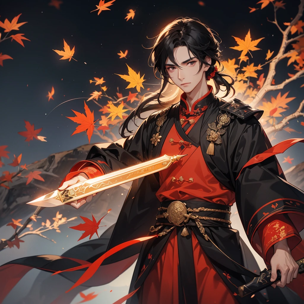 A Handsome black-haired male holding a large sword in black ancient Chinese costume, the backdrop is a mountain that turns red in spring and maple leaves fall from the trees, close up.