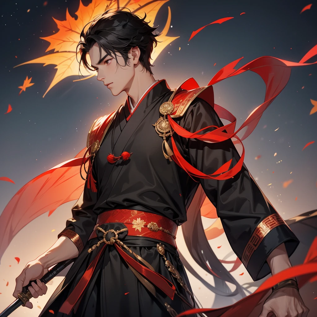 A Handsome black-haired male holding a large sword in black ancient Chinese costume, the backdrop is a mountain that turns red in spring and maple leaves fall from the trees, close up.