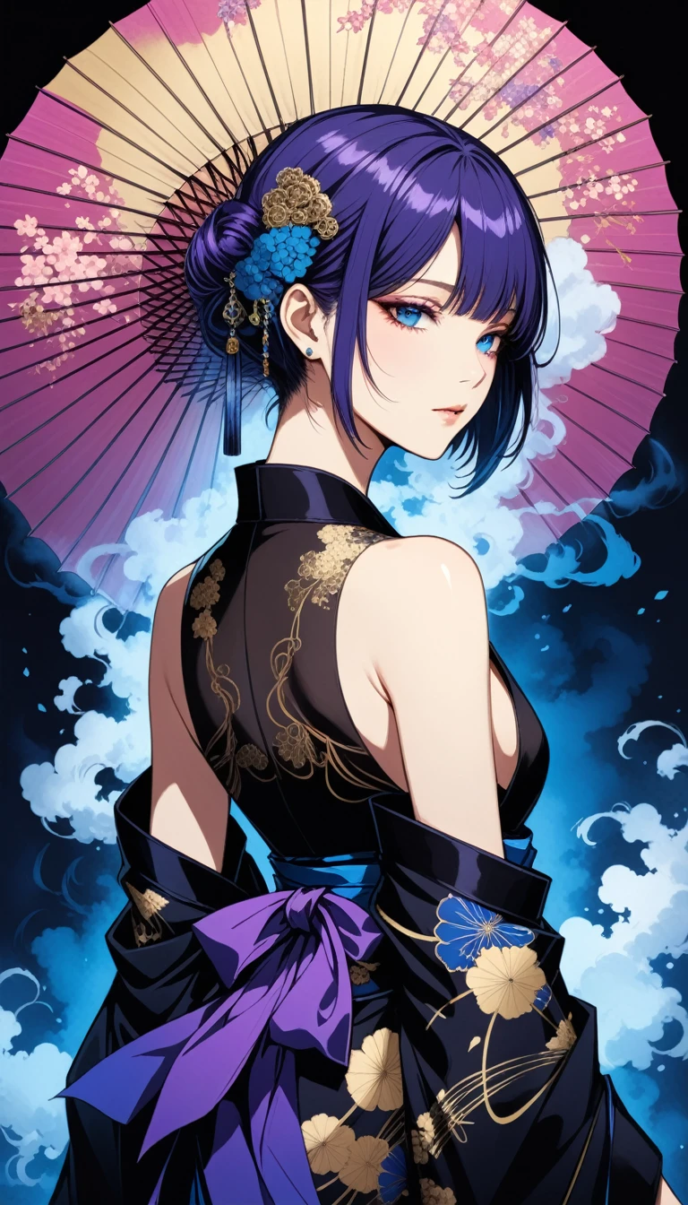 (Harry Clark (Harry Clarke) style:1.1),圣地亚哥·卡鲁索style,
1 Girl,Blue short hair,Gorgeous oil-paper umbrella,Deep purple pupils glow,No rain,Eye-to-eye,smokes,smooth Back,only shoulders,only_Back,A black noble kimono，Show your shoulders,
(Neon blue smoke:1.5),absolute dark,Black Art,(From the back:1.2),Portrait close-up,dark,深蓝色的色调在dark中,Backlight,Low light,Create a quiet and cold atmosphere