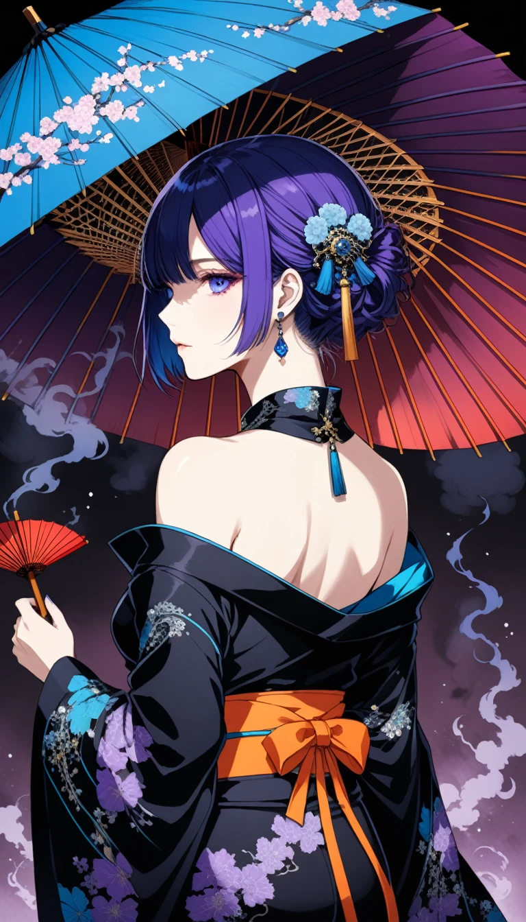 (Harry Clark (Harry Clarke) style:1.1),圣地亚哥·卡鲁索style,
1 Girl,Blue short hair,Gorgeous oil-paper umbrella,Deep purple pupils glow,No rain,Eye-to-eye,smokes,smooth Back,only shoulders,only_Back,A black noble kimono,Show your shoulders,
(Neon blue smoke:1.5),absolute dark,Black Art,(From the back:1.2),Portrait close-up,dark,深蓝色的色调在dark中,Backlight,Low light,Create a quiet and cold atmosphere