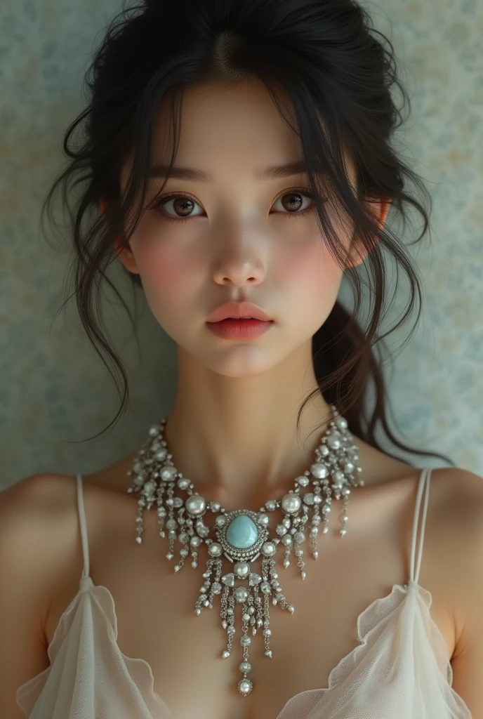 young woman, pretty necklace, slightly transparent dress