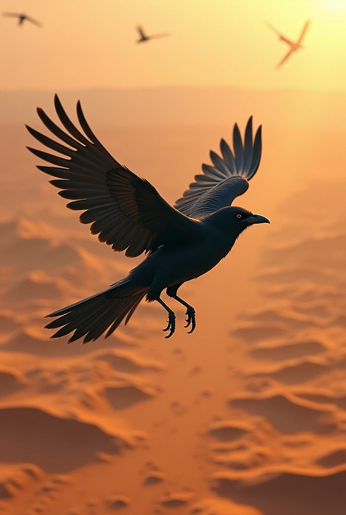 A crow was flying over a desert, searching for water. He was very thirsty and his throat was dry.