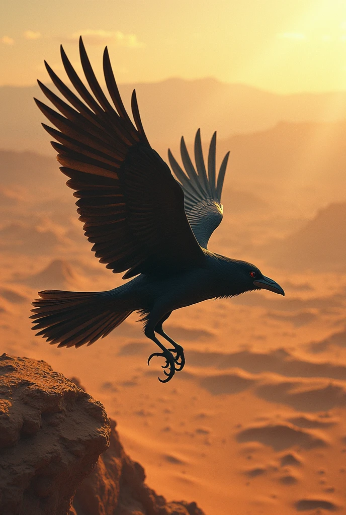 A crow was flying over a desert, searching for water. He was very thirsty and his throat was dry.