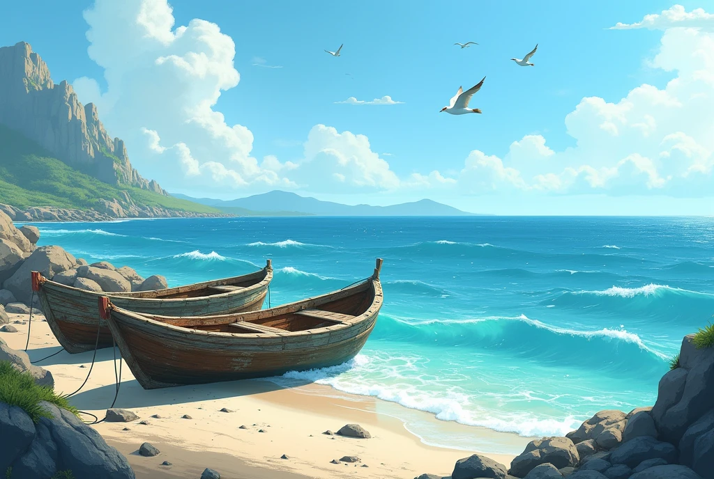 Fishing boats near shore with blue ocean and some fish in ocean, sea birds flying in sky.