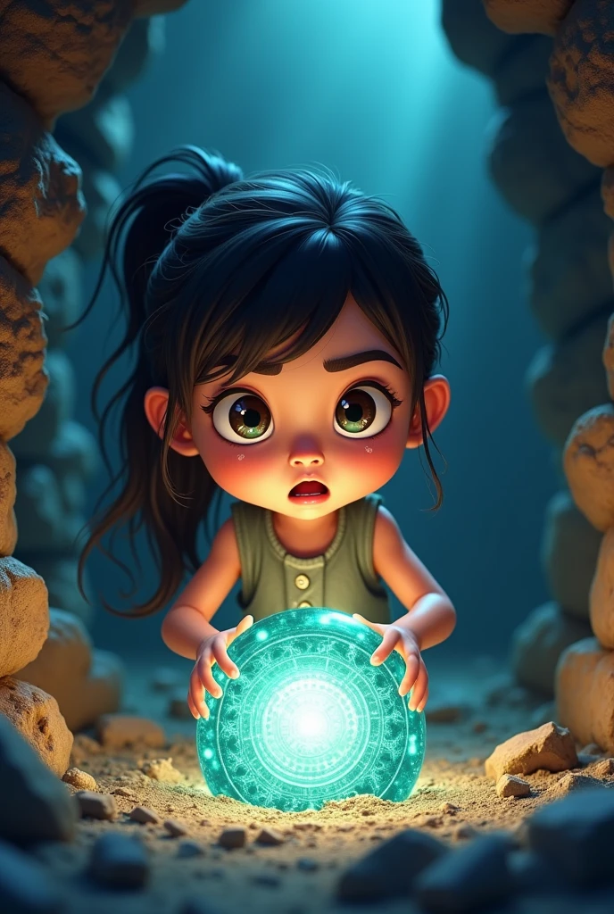 The brave girl discovering an ancient, glowing artifact hidden beneath rubble or inside a secret compartment, with a look of awe and determination on her face.
Use high resolution cartoon image with face restoration.