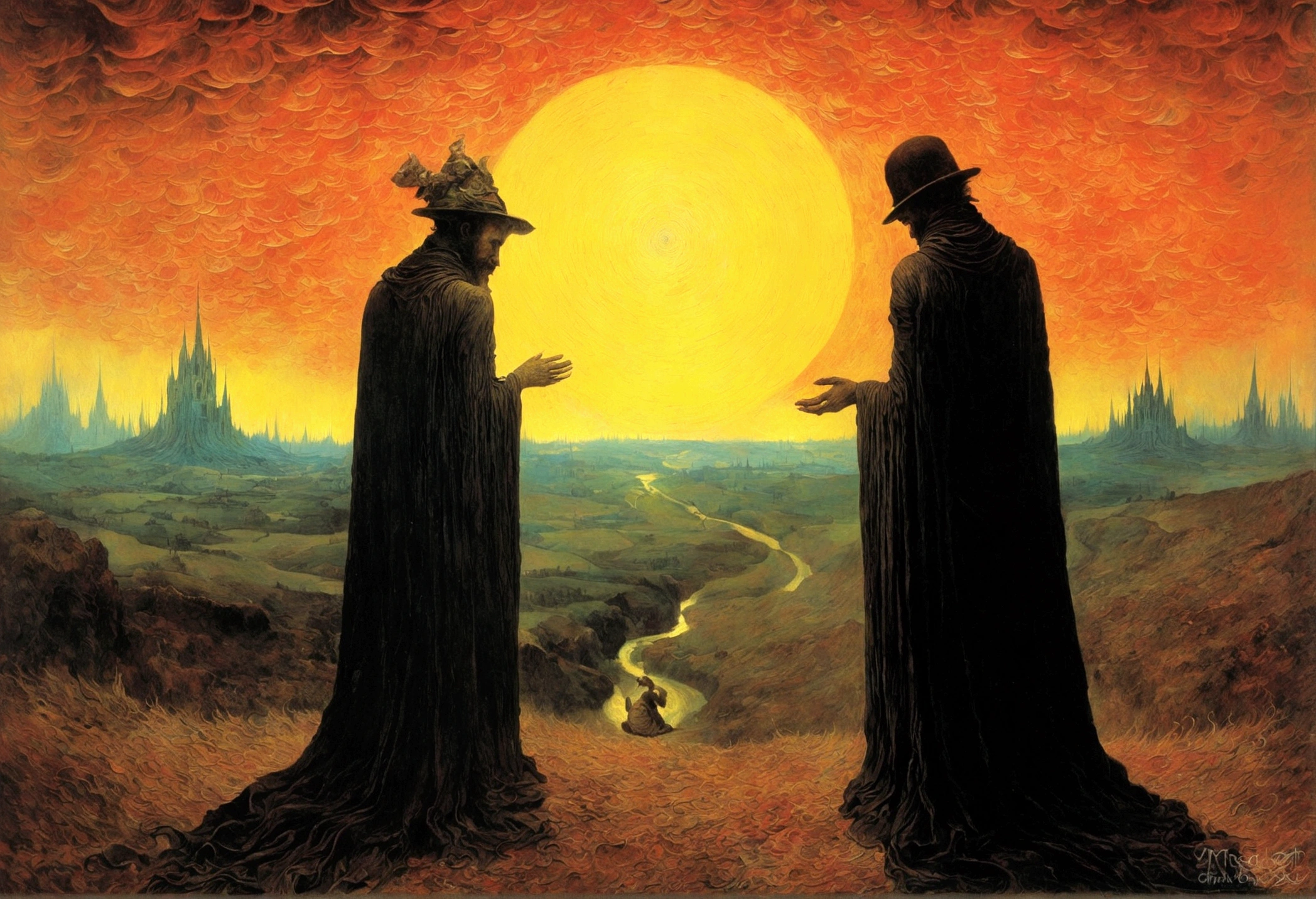 Mythical creatures, author：Zdzislaw Beksiński and Vincent van Gogh, Album cover, romantic, Surrealism, Futuristic ,smile , Wizard, Abstracted, dark, landscape、suicide