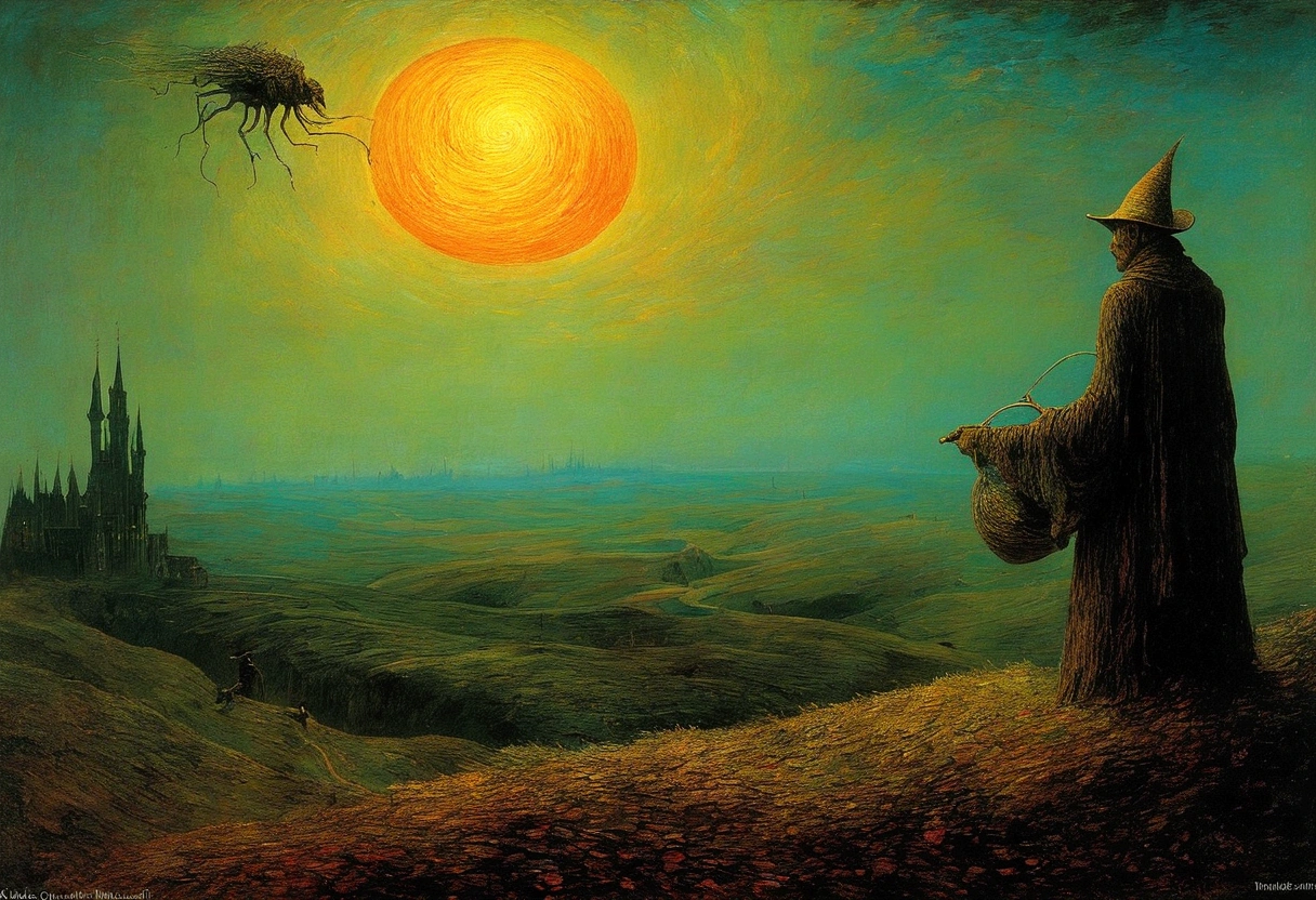Mythical creatures, author:Zdzislaw Beksiński and Vincent van Gogh, Album cover, romantic, Surrealism, Futuristic ,smile , Wizard, Abstracted, dark, landscape、suicide