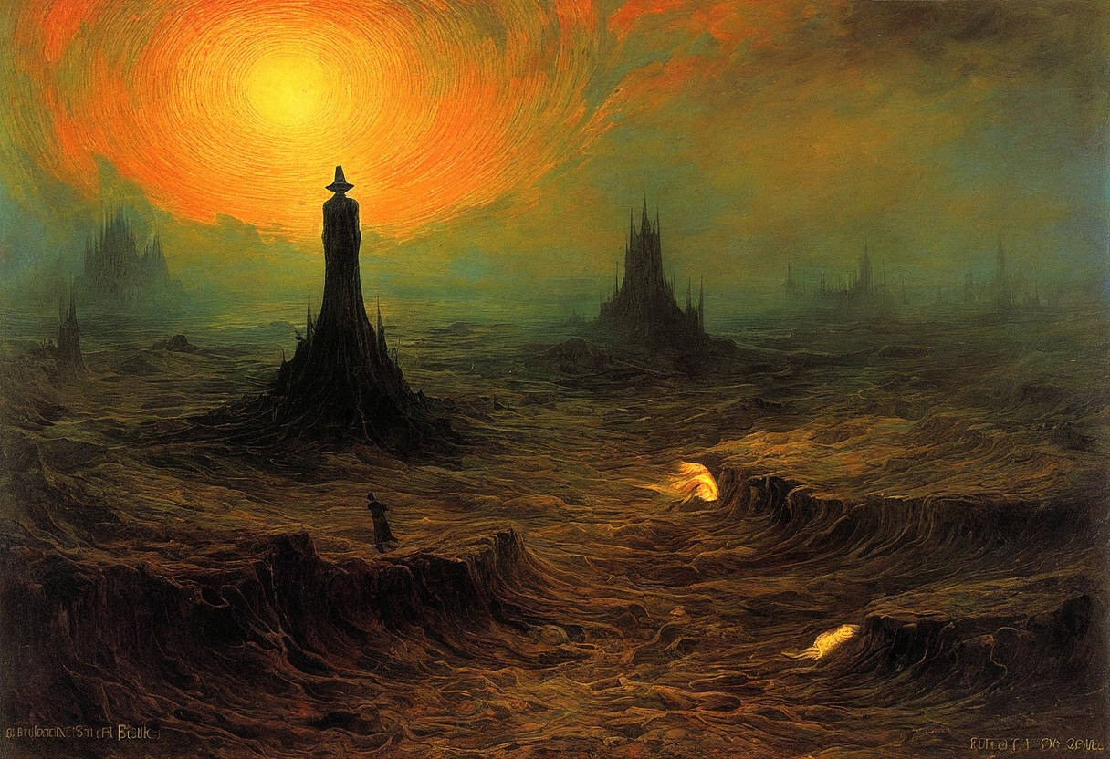 Mythical creatures, author:Zdzislaw Beksiński and Vincent van Gogh, Album cover, romantic, Surrealism, Futuristic ,smile , Wizard, Abstracted, dark, landscape、suicide