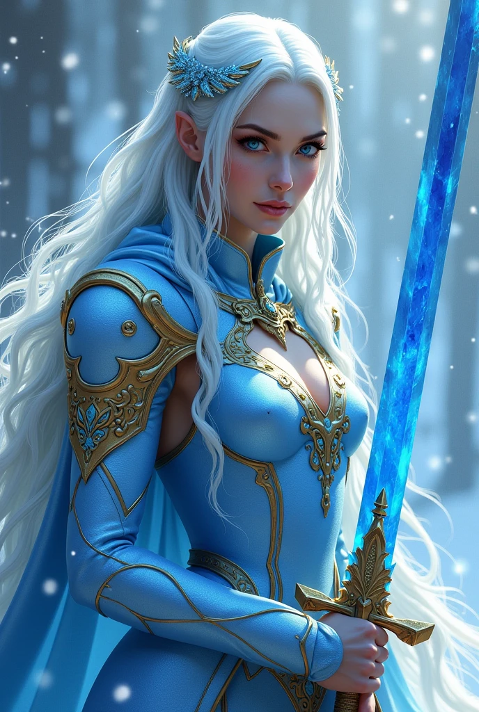 She With long, silky, icy-colored hair, neon-blue eyes, and pale lips, the Ice Saint's appearance was as formidable as the legends described. She in her age lates 30s..

Her golden-blue armour and crystalline, slender, blue sword reflected her icy prowess, earning her the respect of the stories told in lores.