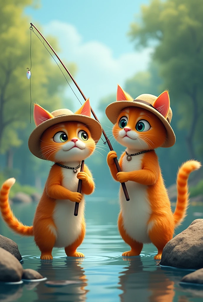 two cats go fishing with fishing rods in panamas on two paws. 