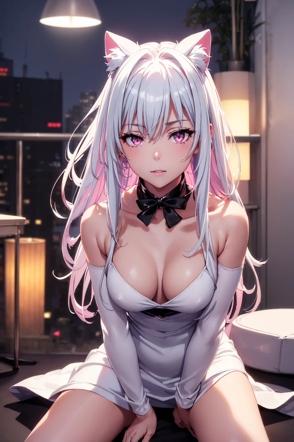 ((masterpiece, best quality)), ( age girl 1 add_detail, small tits 1:1 closeup:1.2, solo female:1.2, neckline, leaning forward, half-closed eyes, smug smile), bottomwear, onsen, female Focus, slave, submissive, submissive female, surprise, snout, claws, tail, high angle view, looking at the viewer back pose, glowing pink eyes, white hair, hypnoMasterpiece Best quality, the best definition to add aesthetic and lighting details. Sensual black dress, squating open legs, wide open legs,chica de pechos pequeños, girl in city night, cara de exclamacion