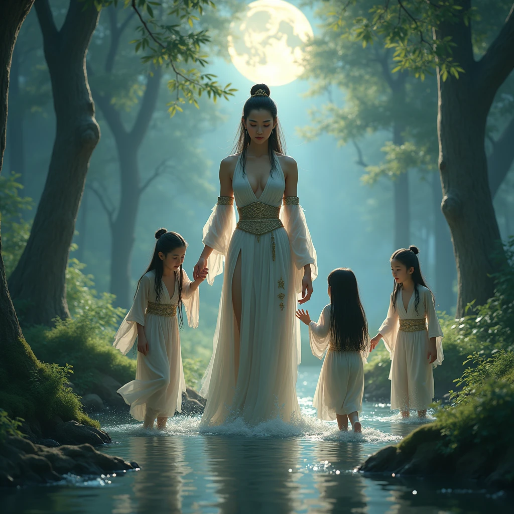 A beautiful young woman with a fierce, naked body of a Han Fu Dynasty official stands talking with three princesses as they play in a stream in the middle of the forest. The atmosphere is quiet and illuminated by the moonlight.