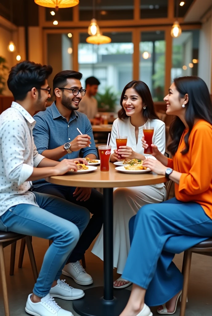 One young man is wearing a white printed shirt, jeans, smart watch and white shoes and another young man is wearing a blue checked shirt, jeans and specs, whereas a young woman is wearing a white Indian suit, black pallazo, white shoes and specs and the other young woman is wearing a carrot colour top and jeans, all four people are sitting in a restaurant and eating momos, French fries and Coca Cola.