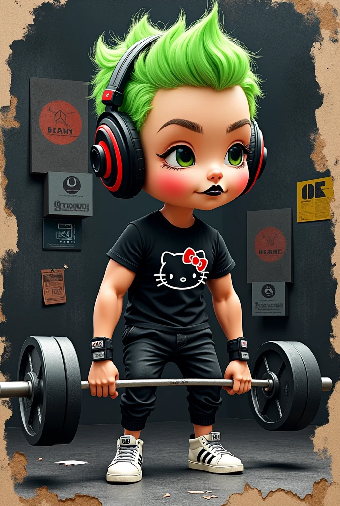 Realistic 4d caricature with a big head, lifting a barbell of a trendy anthropomorphic man in black street clothes, black "hello kitty", "bENZ", reflective black t-shirt, black pants, white shoes, black headphones and (black! lipgloss!), with green color hair.in layered collage style -ply; dark art, stylish innovative street art, iconic portraits, torn paper, fragmented shapes, hyper-realism with intricate details, complementary colors, soft lighting, ultra-clear textures,uhd,16k