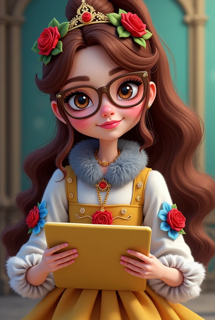 Imagem da filha da Ramona Badwof e da Rosabella Beauty de Ever After High: Long wavy brown ponytail with red streaked bangs, first of all, light brown eyes, brown glasses with a red rose, white blouse with blue, with roses on the blouse and sleeves, yellow skirt with golden roses, a faux fur collar around the neck of gray color, golden flower tiara on head, You have to be holding a yellow tablet with red roses in your hands, You have to have red highlights in your hair