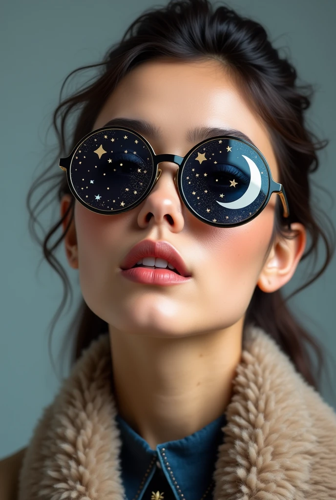 The model is wearing glass sunglasses with stars and the moon on the glass