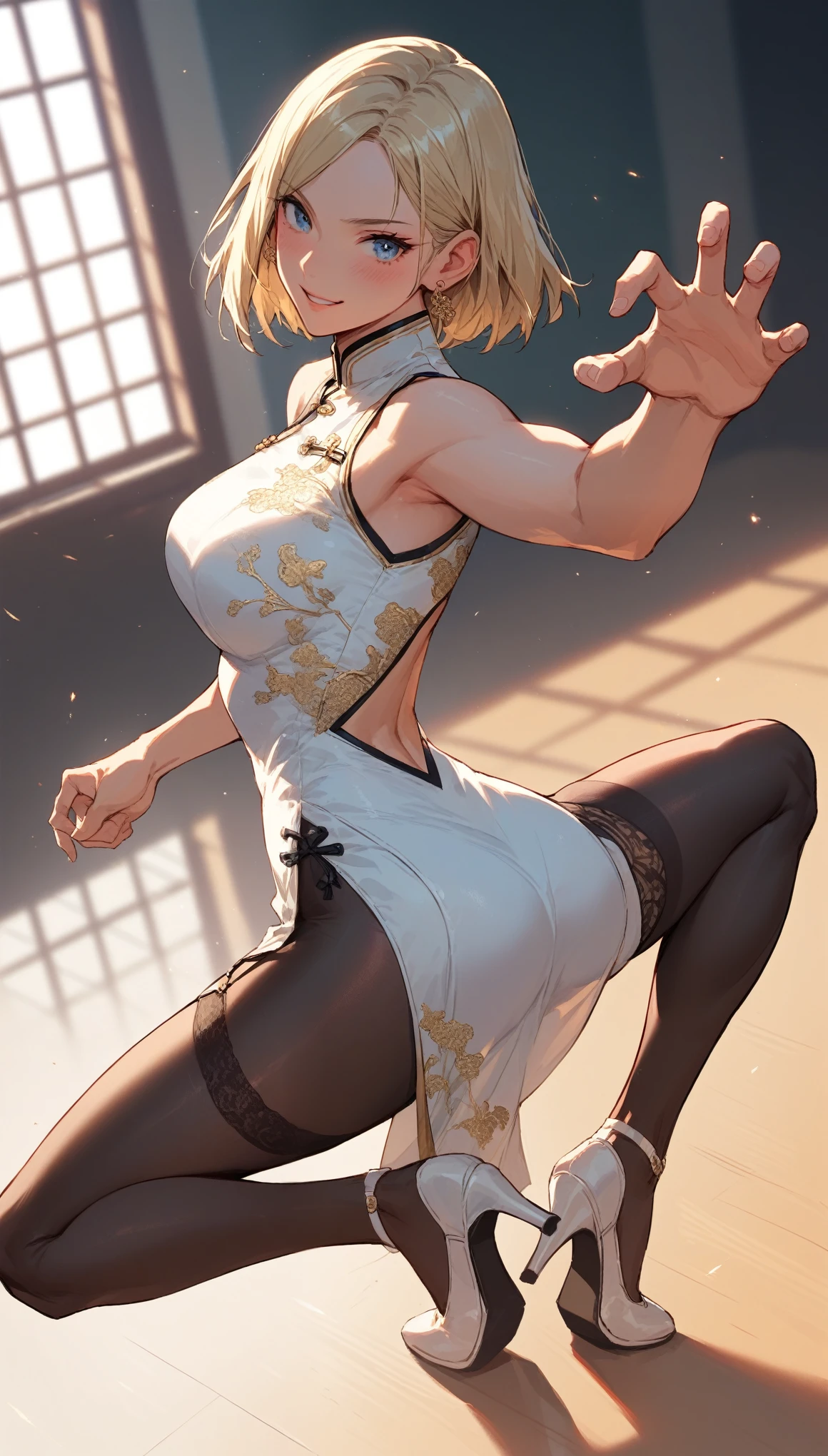 score_9, score_8_up, score_7_up, score_6_up, 1girl, (score_9, score_8_up:1.1), score_7_up, 
medium blonde hair, straight hair, parted hair, Blue eyes, pale skin,  back view, White lace cheongsam, （Gold thread embroidered black silk tights 1.2)，White garter belt，Lace-up high heels，shoes focus，(Shortening perspective:1.5) earrings, detailed Digital Universe background, training with a katana,(dynamic pose:2.5), standing up, side angle view, blush smile, 