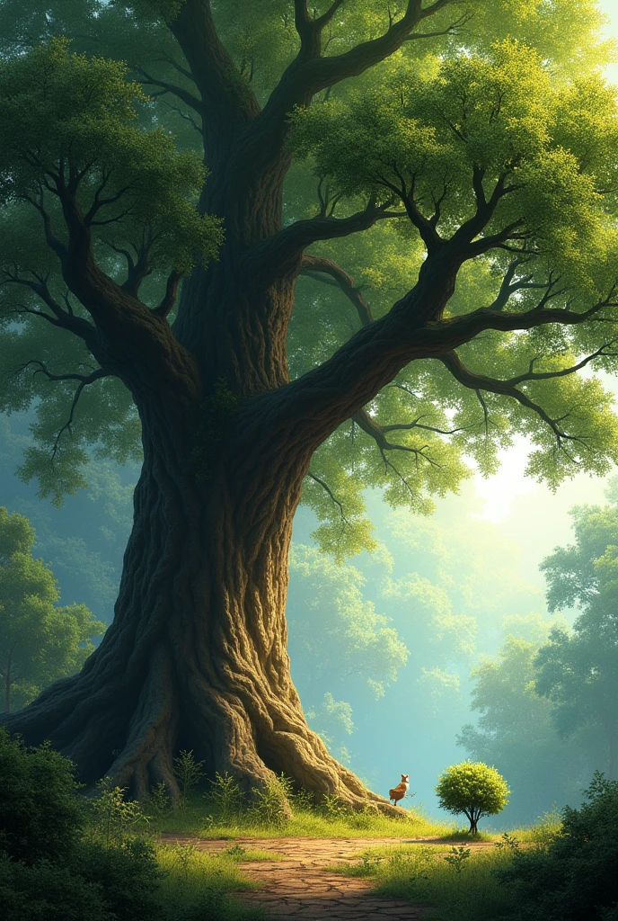 Pewnego dnia, on the edge of the forest, two neighboring trees met - a tall oak and a small shrub. The oak tree often boasted of its strength and height., wyśmiewając krzew za jego niską posturę.
