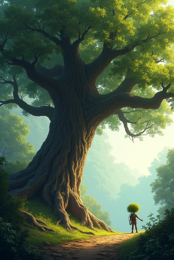 Pewnego dnia, on the edge of the forest, two neighboring trees met - a tall oak and a small shrub. The oak tree often boasted of its strength and height., wyśmiewając krzew za jego niską posturę.