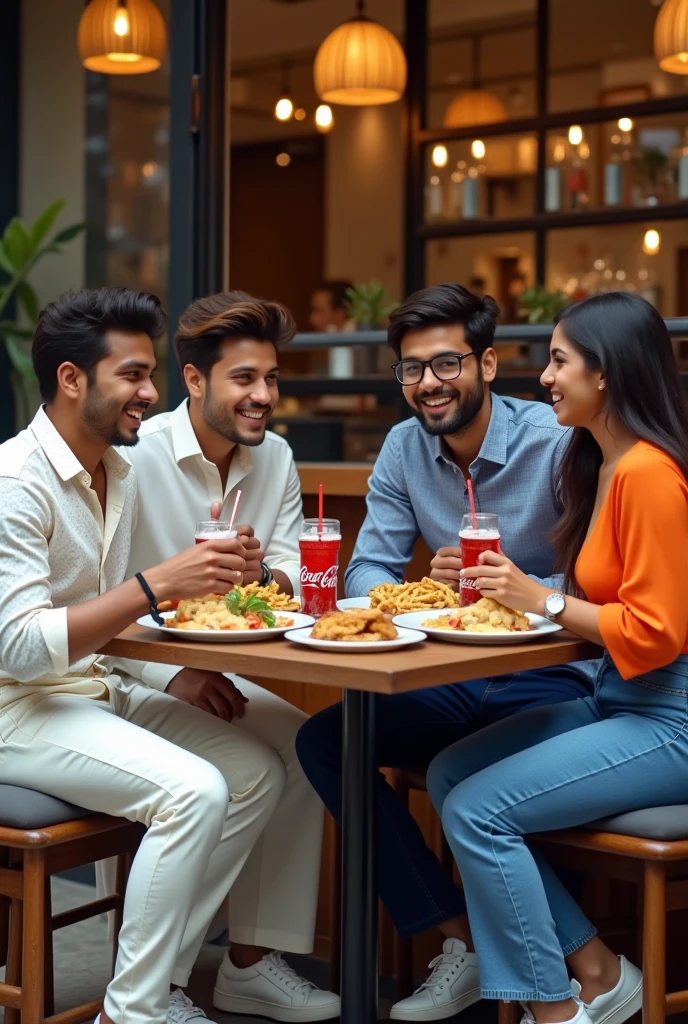 One young man is wearing a white printed shirt, jeans, smart watch and white shoes and another young man is wearing a blue checked shirt, jeans and specs, whereas a young woman is wearing a white Indian suit, black pallazo, white shoes and specs and the other young woman is wearing a carrot colour top and jeans, all four people are sitting in a restaurant and eating momos, French fries and Coca Cola.