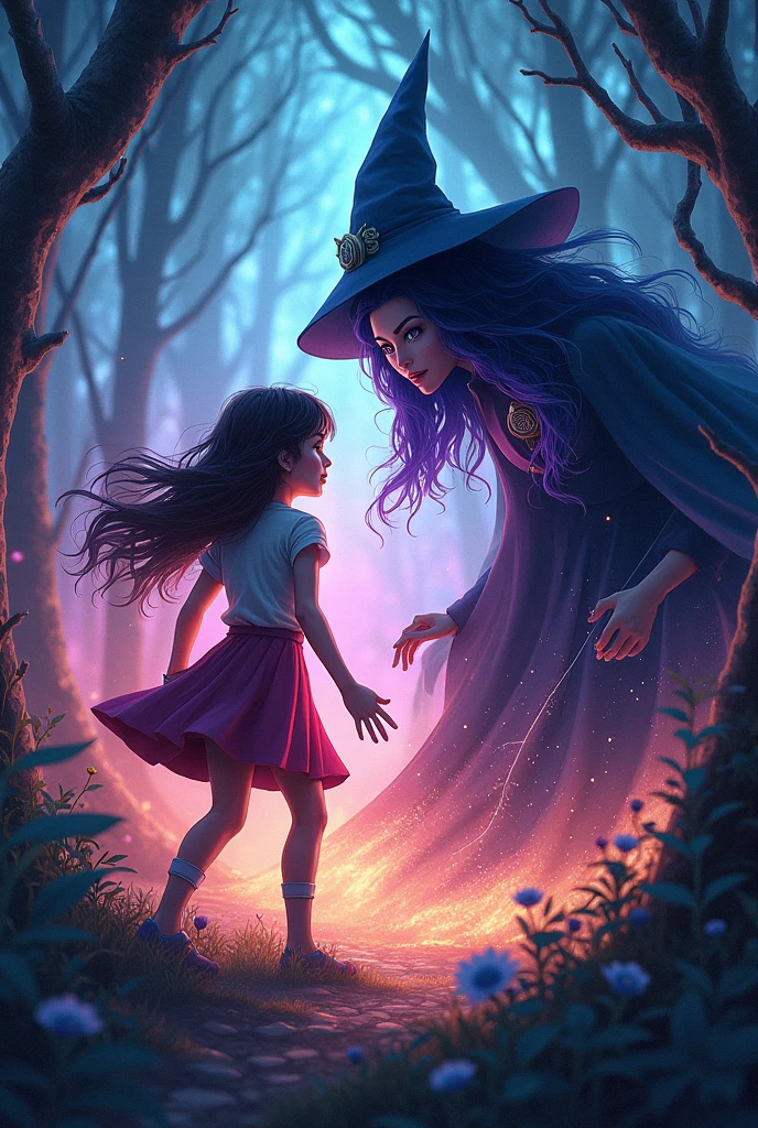 A dramatic battle scene between the girl and the witch, with magical energy clashing in the air, illuminating the forest with intense colors and dynamic effects.
Use high resolution cartoon image with face restoration.