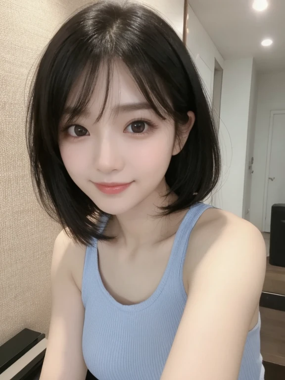masterpiece、Highest quality、Realistic、超High resolution、High resolution、16k wallpaper、Very detailed、Finer details、Cinema Lighting、A white room with a glass pedestal、Selfie of one woman, (big tits:1.1)、Very detailed顔と肌の質感、Natural Makeup、A small smile、looking at the camera、Detailed eyes、Symmetrical black eyes、Medium short wavy hair、High quality light blue tight sleeveless top、nice, Japanese Gravure Idol