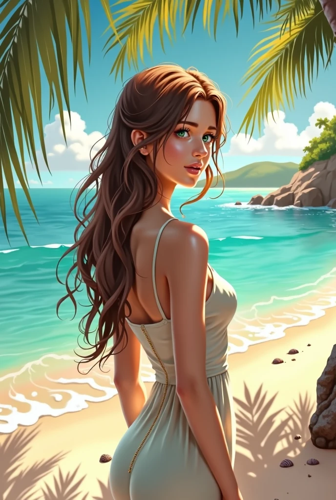 brunette with green eyes at the beach