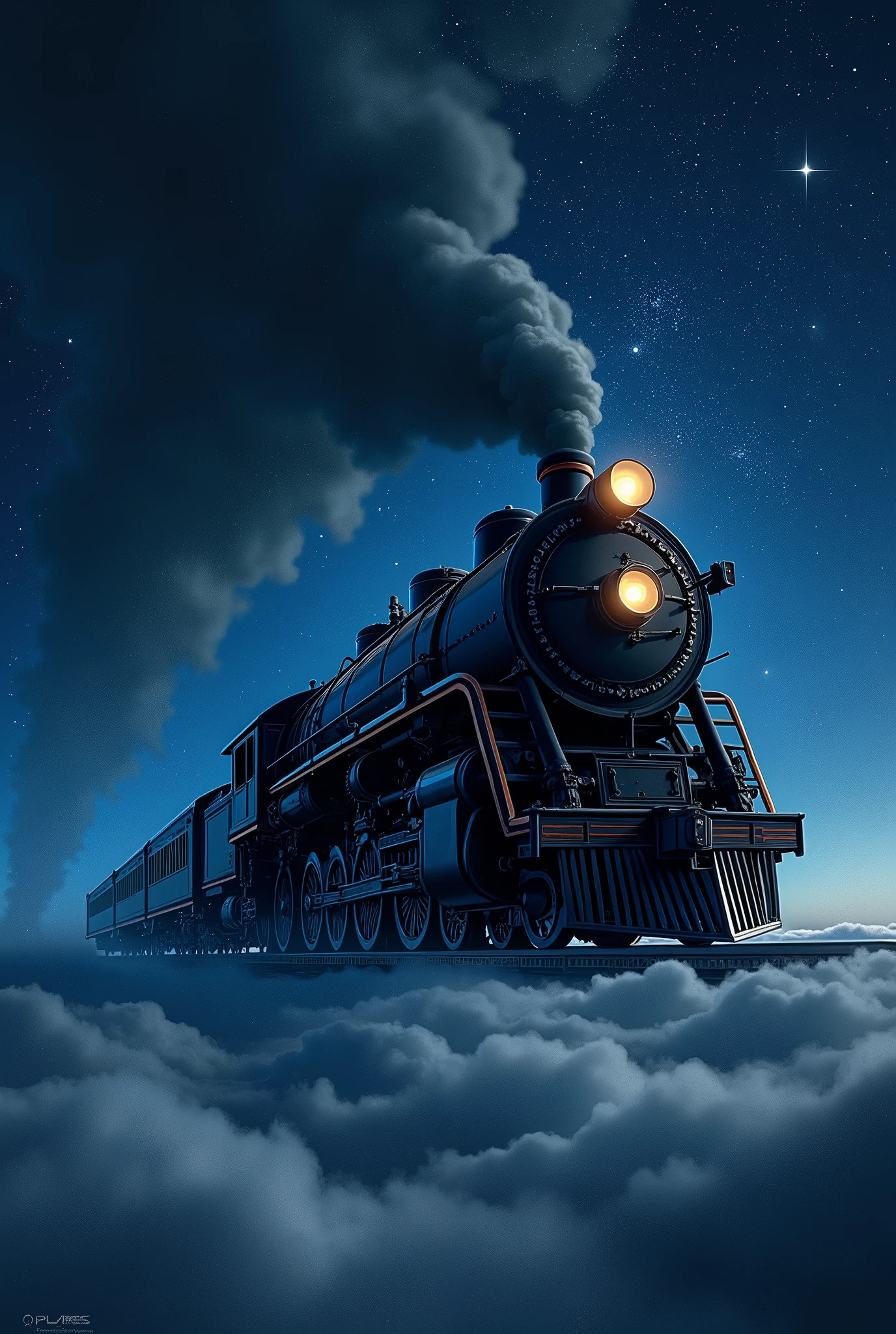 Night Sky、Stars in the Sky、空飛ぶsteam locomotive、Galaxy Express 999,Side view、Starry sky-focused artwork、steam locomotive、C62