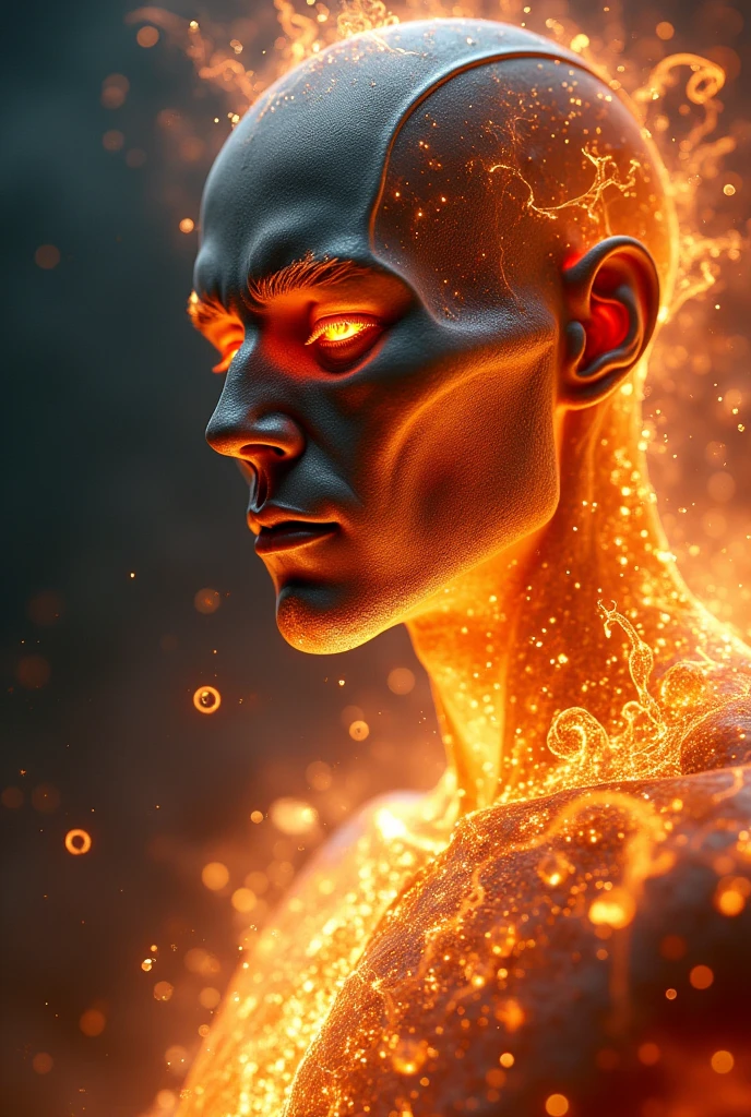 a heroic figure with a holographic skeleton, fire, detailed face features, high quality, realistic, photorealistic, 8k, dramatic lighting, cinematic, concept art style