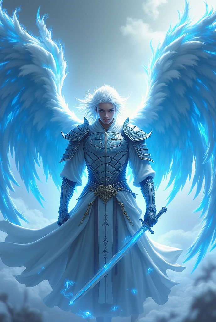 White-haired, gray-eyed warrior with white samurai armor and a sword surrounded by blue fire with strong angel wings in the color of yin yang 