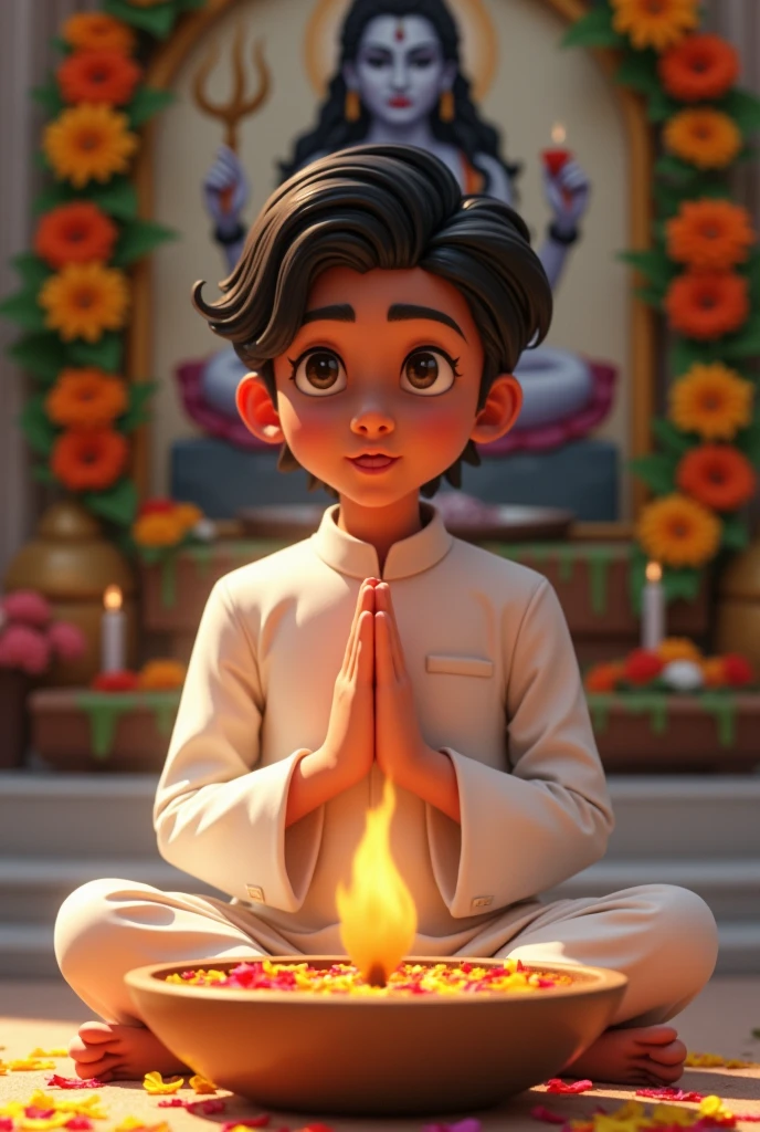 A 20 years old boy, is seated and praying in front of a Shivling adorned with flowers and belpata (green leaves). Behind him, there's a floral board with an image of Lord Shiva. The boy is wearing a white kurta on which name "Harish" written clearly , have stylish hair and look very cute, enhancing the spiritual or religious ambiance.