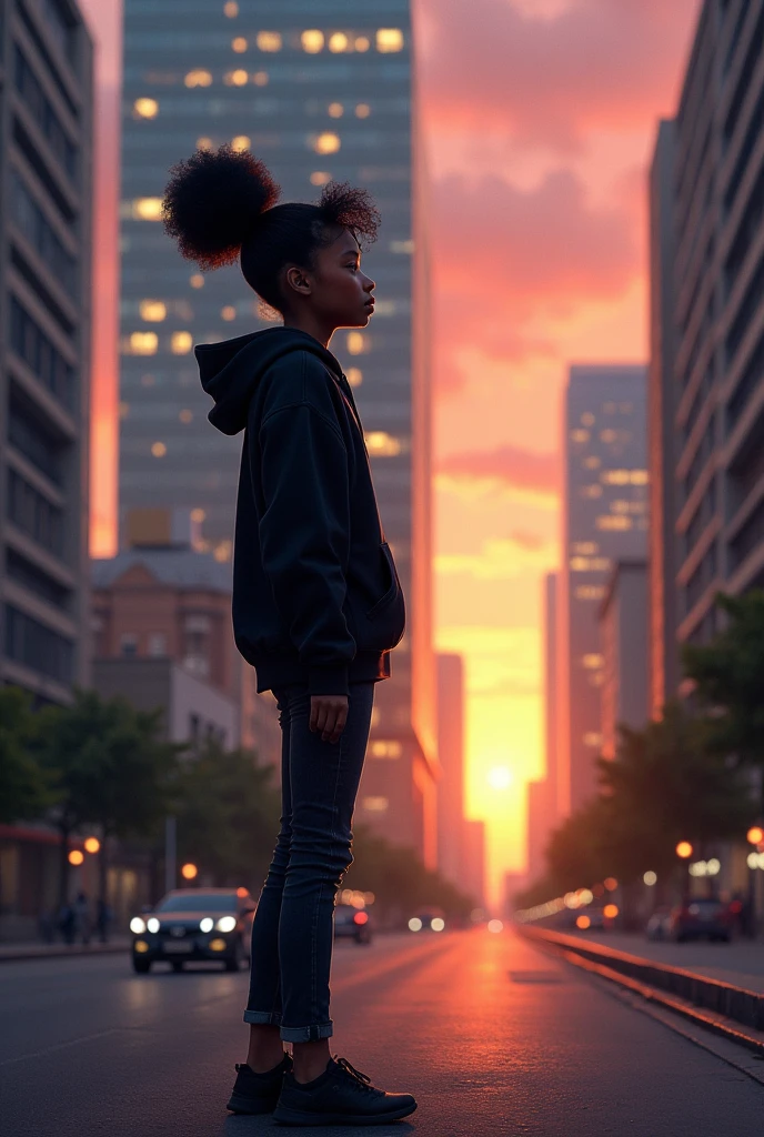 A sub-saharan 1 girl with her natural hair tied in a messy bun. She has an oval face and sloe eyes. She is dressed in a black hoodie, black jeans and black Snickers. Her hands are in her pockets. She's standing by the roadside looking up at a tall building with many glass windows tainted by the rays of a setting sun in the background. The view should be somber but hopeful.