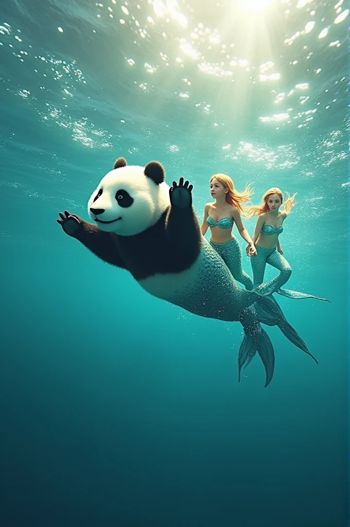 Panda flying over the sea with male and female mermaids