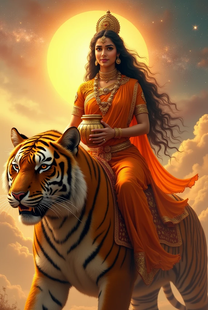 "Create an image of Goddess Kushmanda Devi, depicted in all her divine glory as she rides an enormous, majestic tigress. She should be dressed in a vibrant orange saree, symbolizing her connection to the sun and her role as the creator of the universe. The saree should be intricately embroidered with gold patterns and sacred symbols, highlighting her cosmic and regal presence. Her skin should radiate with a golden glow, reflecting her divine nature and warmth. Her face should be serene yet powerful, with large, compassionate eyes and a gentle, confident smile that exudes grace and strength, black beautiful wavy hair, extreme long flowing hair.

With both the hands, she is holding an extreme very large beautiful designed pot.

The tigress she rides should be depicted as extremely large and powerful, with a fierce yet protective expression. The tigress's presence should convey strength, courage, and loyalty, perfectly complementing the goddess's commanding and nurturing nature.

The background should feature a celestial, vibrant landscape, perhaps with a warm, golden glow or the rays of a rising sun, symbolizing her role in energizing and creating the universe. The overall image should capture the essence of Goddess Kushmanda Devi’s creative power, divine authority, and nurturing warmth, presented in a highly realistic and detailed manner, with the enormous tigress emphasizing her strength and protective energy."