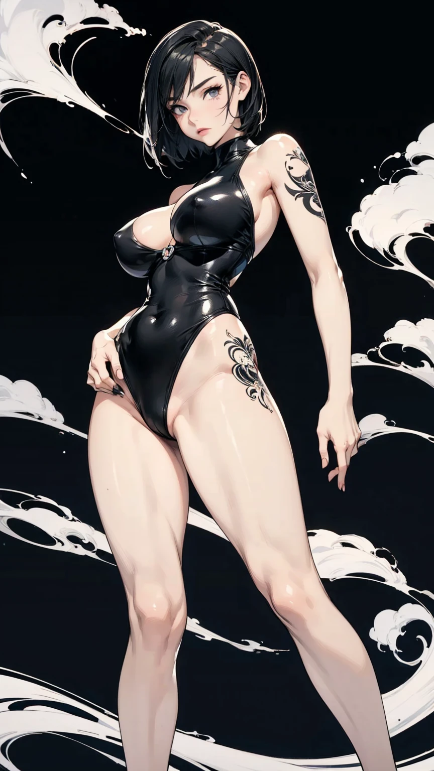 Angle from below, A woman with her hands in her pockets, Asymmetrical Short Hair, Black Swimsuit, Perfect body, Slim waist, Big Breasts, Full body tattoos, Curvaceous, abstract design, A background of black and white smoke, Anime Style, Digital Painting, (masterpiece, High resolution, Highest quality)
