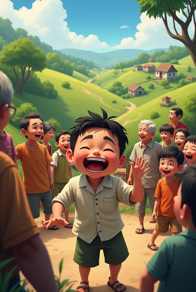 Villagers at the hill and the boy laughing