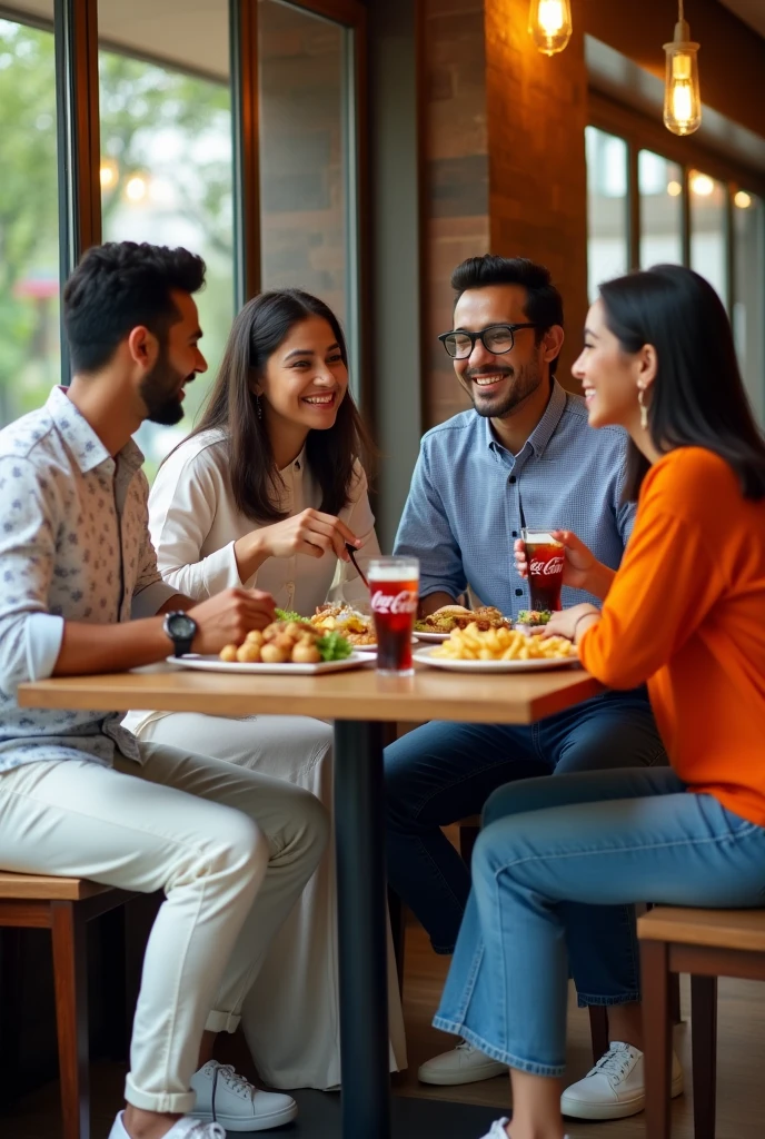 One young man is wearing a white printed shirt, jeans, smart watch and white shoes and another young man is wearing a blue checked shirt, jeans and specs, whereas a young woman is wearing a white Indian suit, black pallazo, white shoes and specs and the other young woman is wearing a carrot colour top and jeans, all four people are sitting in a restaurant and eating momos, French fries and Coca Cola.